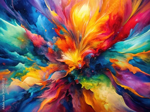 Vibrant hues explode across the canvas, bold brushstrokes dancing in intricate harmony, conjuring a sense of frenetic energy and primal emotion.