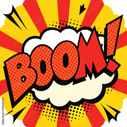 Word Comic Book text with Boom Pop Art Vector Illustration on an isolated white background 