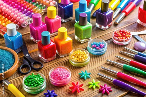 Vibrant nail polishes and art supplies spilled across the table, inviting little artists to create masterpieces on tiny fingernails and toes. photo