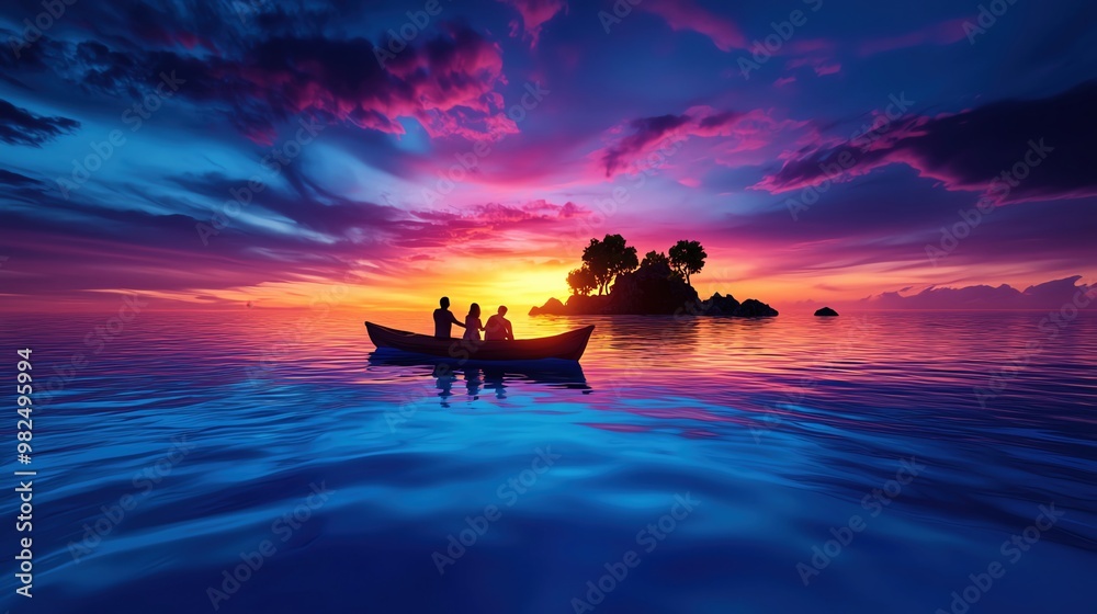 Visionary photorealistic family boating at dawn Visionary photorealistic family boating at dawn