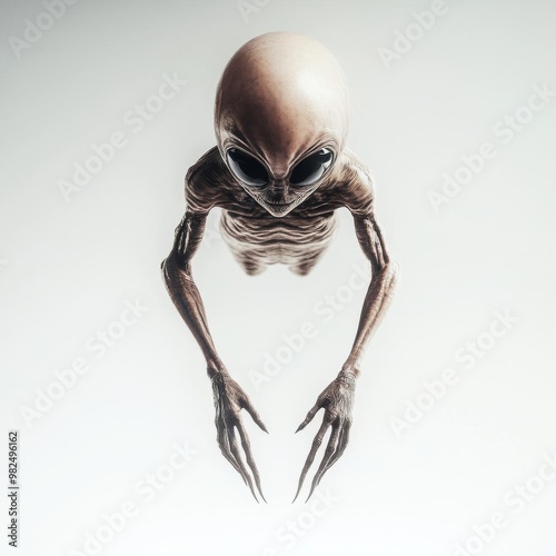 Alien with elongated limbs and telekinetic abilities, floating on a white background,  no blur, photo not dark, everything is clear, copy space photo