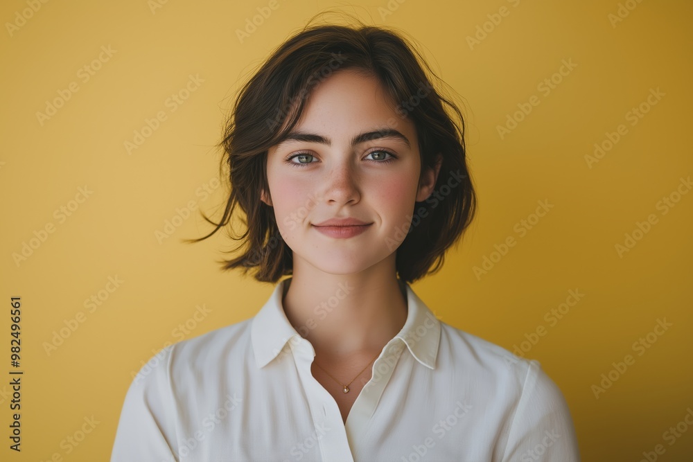 A woman with short hair and a white shirt is smiling at the camera. The yellow background adds a warm and inviting atmosphere to the photo A woman with short hair and a white shirt is smiling at the camera. The yellow background adds a warm and inviting atmosphere to the photo