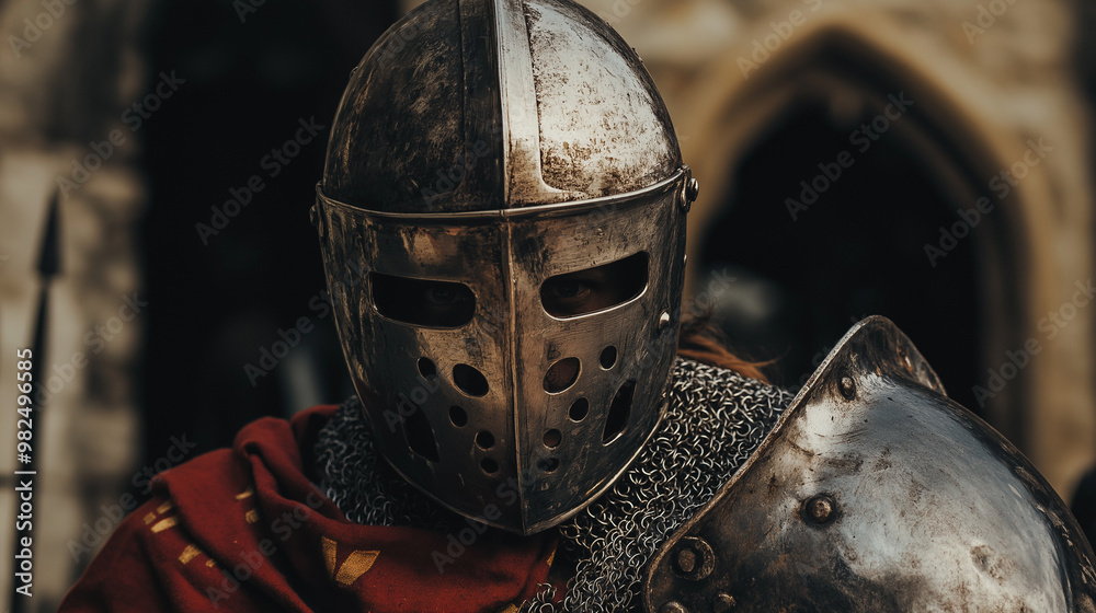 Man wearing Medieval Knights armor with heavy iron helmet Man wearing Medieval Knights armor with heavy iron helmet