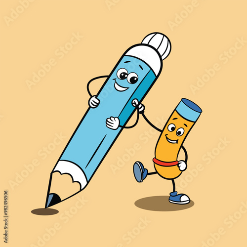 Flat design vector illustration the pen and pencil roll together a cartoon character 