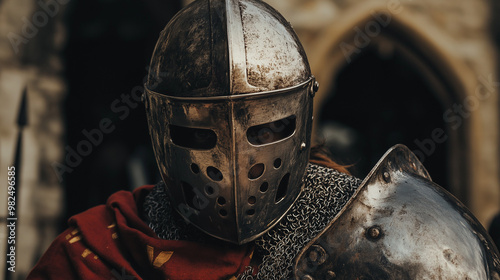 Man wearing Medieval Knights armor with heavy iron helmet