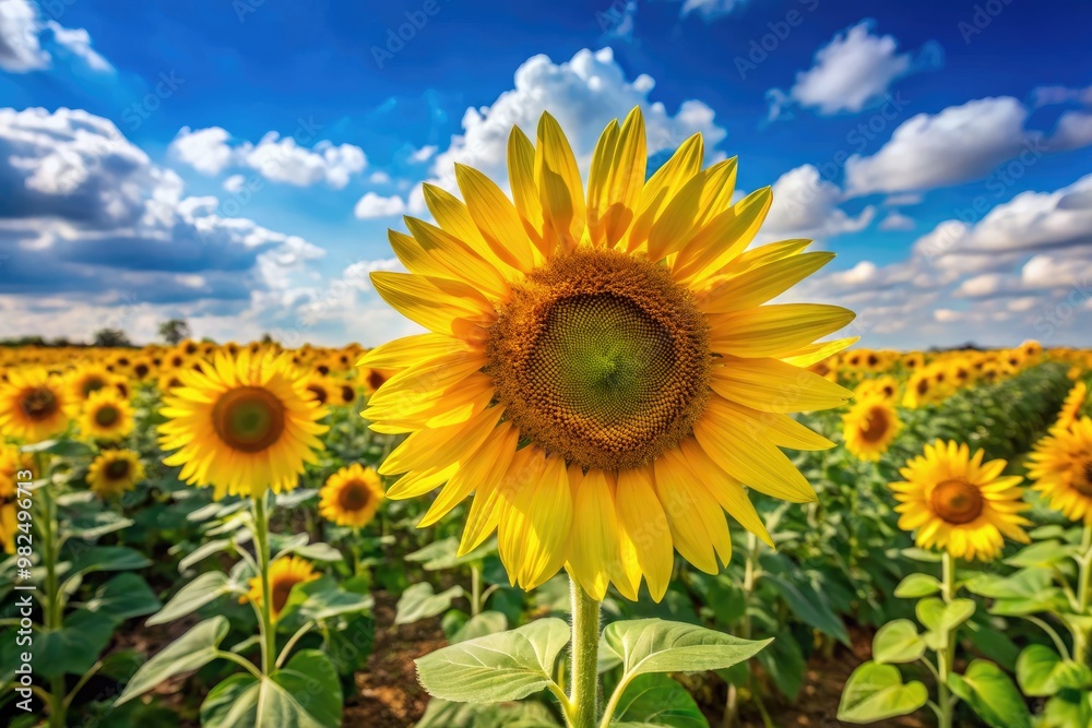 Vibrant yellow sunflowers sway gently in the breeze, their bright yellow petals shining against a brilliant blue sky on a warm, sunny day. Vibrant yellow sunflowers sway gently in the breeze, their bright yellow petals shining against a brilliant blue sky on a warm, sunny day.