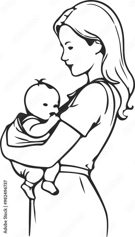 Happy Family of Mother Holds Child Silhouettes. Line Art Drawing of Mother and Baby.  Happy Mother`s day Minimalist Illustration. Vector EPS 10.	