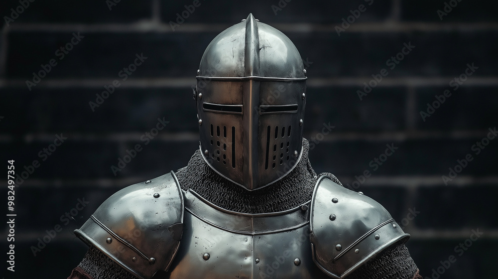 Man wearing Medieval Knights armor with heavy iron helmet Man wearing Medieval Knights armor with heavy iron helmet