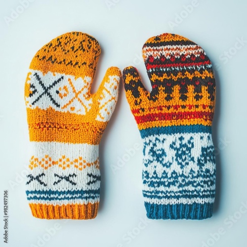 Fair Isle mittens with Nordicinspired motifs, laid flat on a white background,  no blur, photo not dark, everything is clear, copy space photo