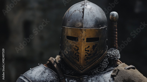 Man wearing Medieval Knights armor with heavy iron helmet