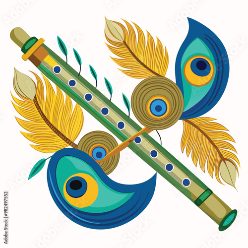 Flute with peacock feather vector illustration