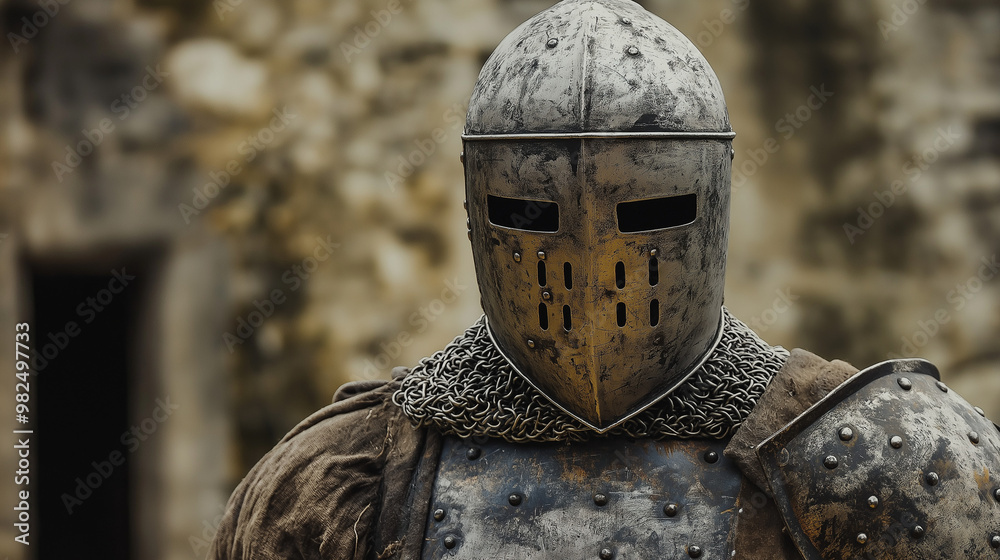 Man wearing Medieval Knights armor with heavy iron helmet Man wearing Medieval Knights armor with heavy iron helmet