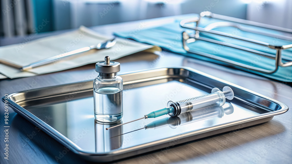 A sterile syringe lies on a metal tray beside a small bottle of vaccine and a patient's medical chart on a clinic examination table. A sterile syringe lies on a metal tray beside a small bottle of vaccine and a patient's medical chart on a clinic examination table.