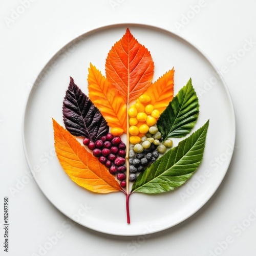 Leafshaped dinner plates, arranged for a fall feast, on a white background,  no blur, photo not dark, everything is clear, copy space photo