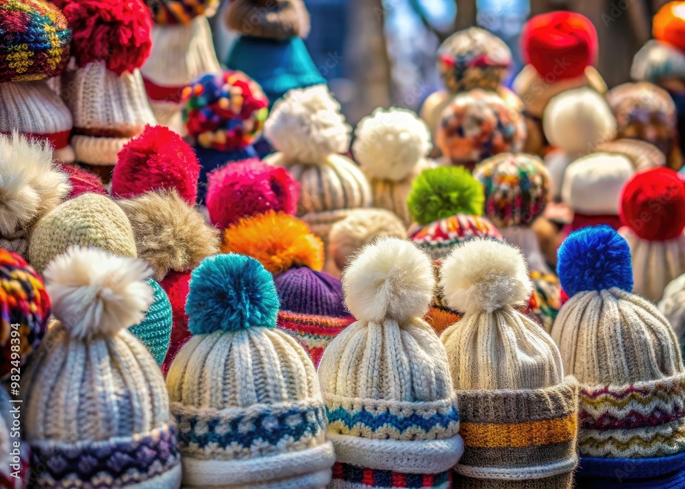 White and colored knitted caps with pom-poms for sale at a winter festival White and colored knitted caps with pom-poms for sale at a winter festival