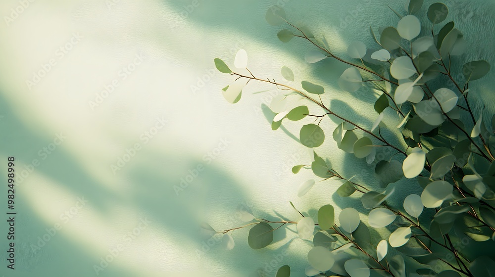 Eucalyptus branches with round green leaves are arranged against a light pastel background, creating a minimalist composition enriched by soft shadows, embodying a fresh and clean aesthetic. Eucalyptus branches with round green leaves are arranged against a light pastel background, creating a minimalist composition enriched by soft shadows, embodying a fresh and clean aesthetic.