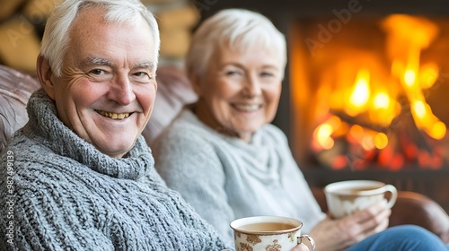 Warm and cozy moment of a happy elderly couple enjoying tea by a fireplace in a comfortable living room.
