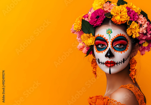 A young and beautiful Hispanic lady on sugar skull make up and her hair decorated with colourful flowers poses against orange background. A woman her face painted like La Catrina, The day of the death