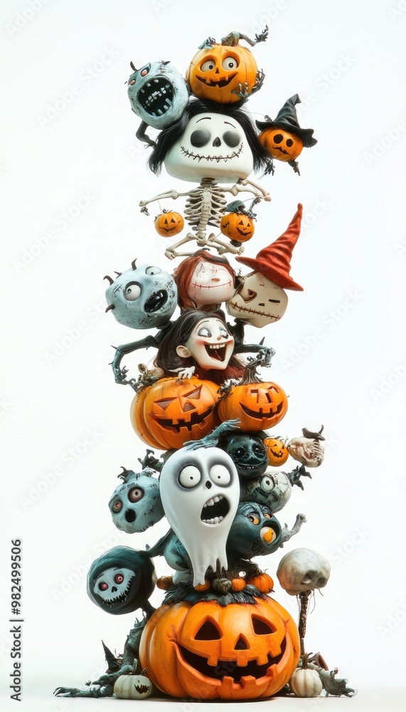 A Tower of Halloween Characters and Pumpkins A Tower of Halloween Characters and Pumpkins