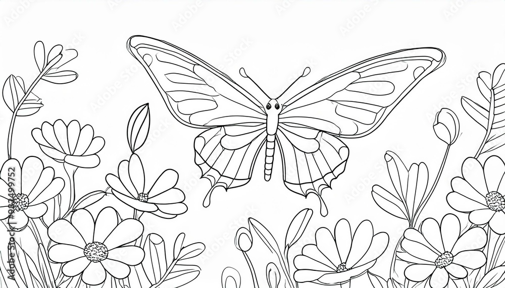 Obraz premium Coloring for children. Butterfly and flowers on a white background.