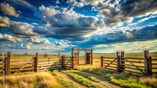 Rustic wooden corral gates with weathered brick posts stand tall on a sprawling prairie ranch landscape under a vast open blue sky with wispy clouds. photo