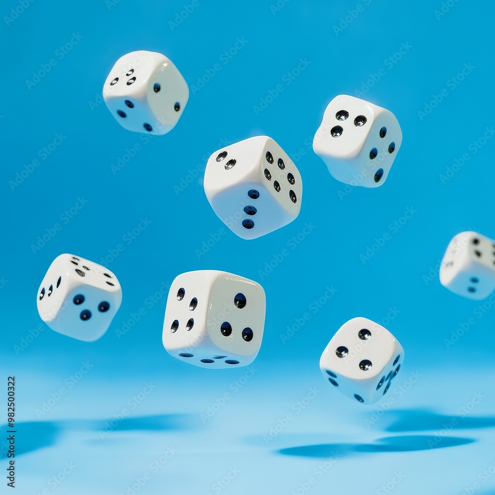 Flying dice on blue background. Conceptual image of gambling, risk, chance, good luck. Flying dice on blue background. Conceptual image of gambling, risk, chance, good luck.