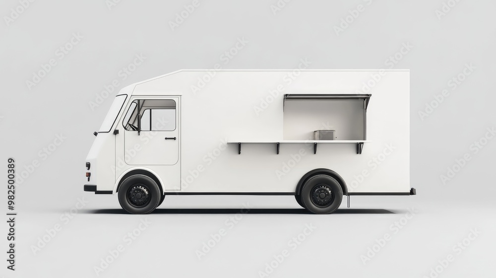 Naklejka premium Modern white food truck isolated against a clean background, perfect for design visualizations and branding concepts