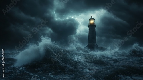 The lighthouse stands tall in stormy weather and dark oceans, symbolizing safety and guidance in harsh conditions. Very suitable for themes related to resilience, navigation, and ocean power. photo