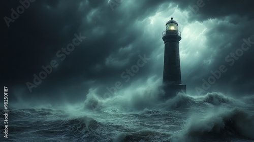 The lighthouse stands tall in stormy weather and dark oceans, symbolizing safety and guidance in harsh conditions. Very suitable for themes related to resilience, navigation, and ocean power.