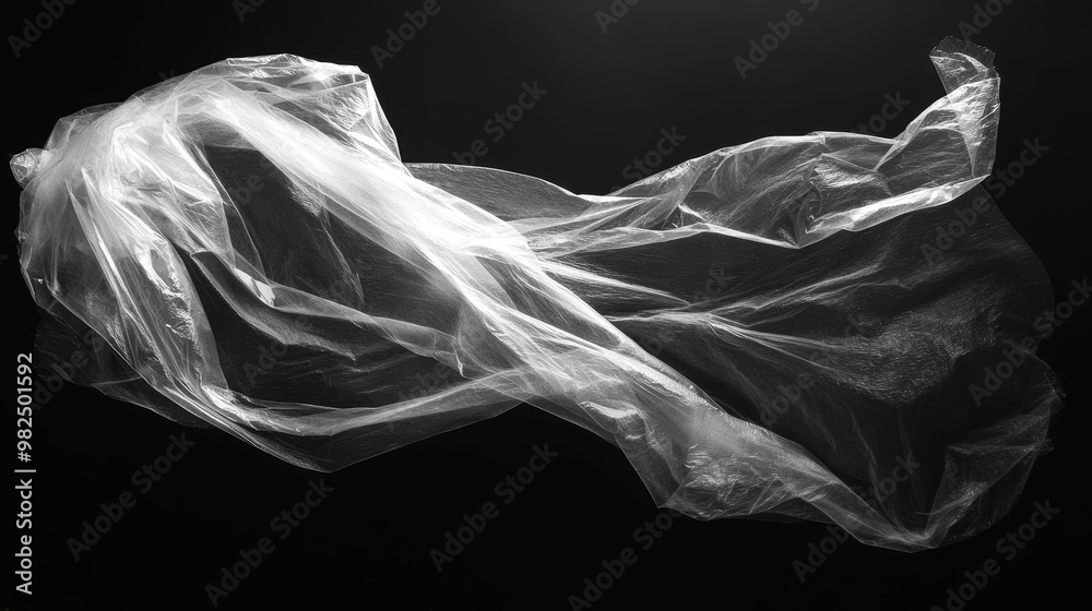 Naklejka premium Transparent thin polyethylene film is laid flat on a black background, with a soft and delicate texture and natural folds. Micro light and diffuse reflection,