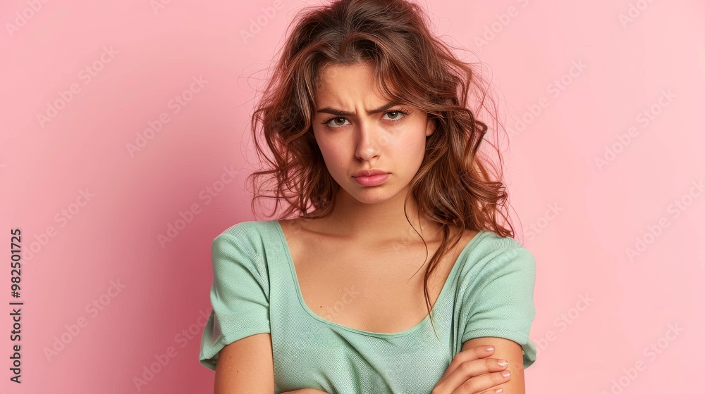 A young woman with angry expression stands in front of pink background, arms crossed in frustration