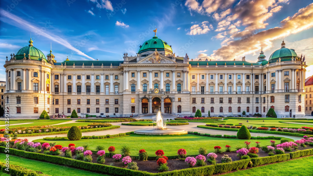 Fototapeta premium Majestic Hofburg Palace, Vienna's former imperial residence, stands grand with Baroque architecture, ornate facades, and sprawling gardens against a clear blue Austrian sky.