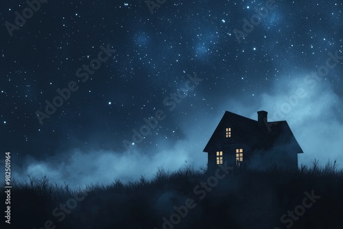 A serene night scene featuring a silhouetted house with glowing windows, surrounded by a star-filled sky and misty landscape.