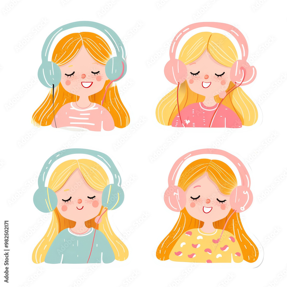 Colorful sticker of cute smiling girl with blonde hair wearing headphones listening to music Colorful sticker of cute smiling girl with blonde hair wearing headphones listening to music