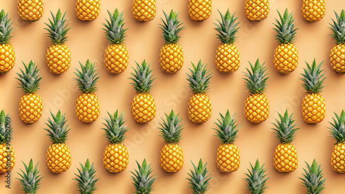 Vibrant yellow pineapples arranged in a repeating pattern on a soft peach background, creating a fun and playful tropical design element for summer themes. photo