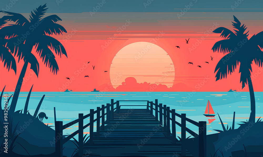 Fototapeta premium sunset over the ocean with palm trees and boardwalk, a flat design with an orange and blue color palette.