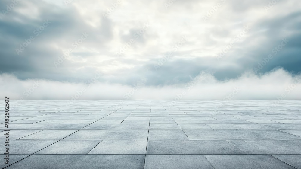 Open square floor set against a cloudy, white sky, with ample space for adding text, providing a serene and minimal landscape Open square floor set against a cloudy, white sky, with ample space for adding text, providing a serene and minimal landscape