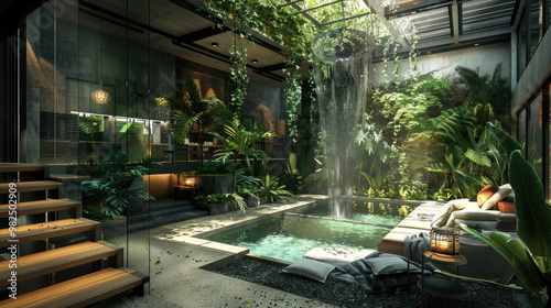 Modern indoor tropical courtyard with pool