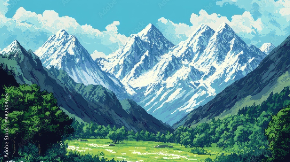 Pixel art mountain scene with lush green valleys and snowy peaks, a seamless background for retro-style gaming adventures. Pixel art mountain scene with lush green valleys and snowy peaks, a seamless background for retro-style gaming adventures.
