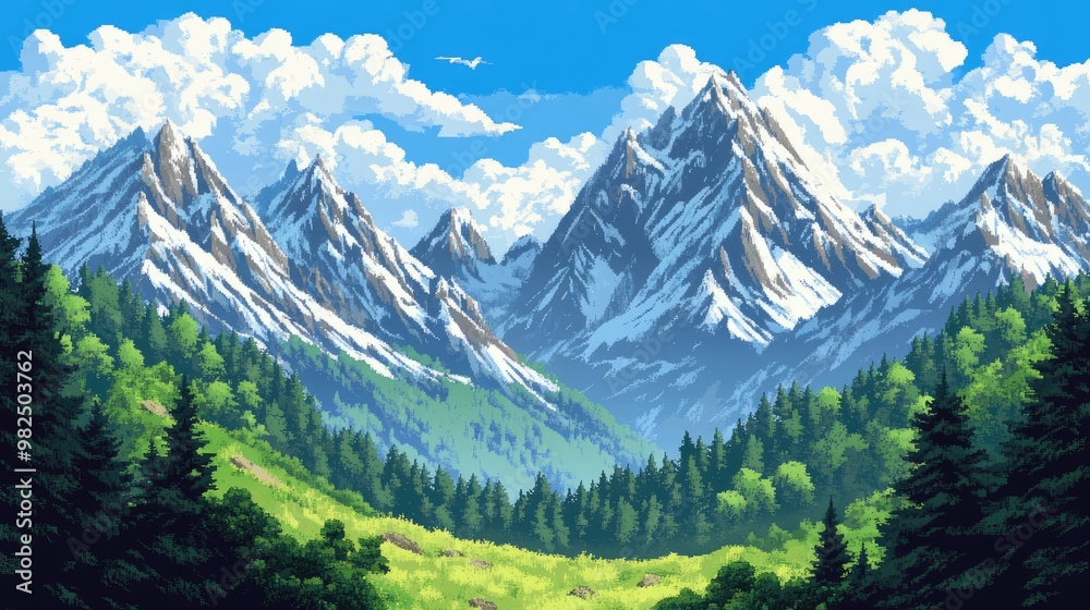 Pixel art mountain scene with lush green valleys and snowy peaks, a seamless background for retro-style gaming adventures. Pixel art mountain scene with lush green valleys and snowy peaks, a seamless background for retro-style gaming adventures.