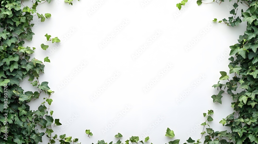 A pristine white wall, adorned with creeping green ivy and scattered leaves at the bottom, illustrates a minimalist architectural aesthetic enhanced by natural light, simple design beauty. A pristine white wall, adorned with creeping green ivy and scattered leaves at the bottom, illustrates a minimalist architectural aesthetic enhanced by natural light, simple design beauty.