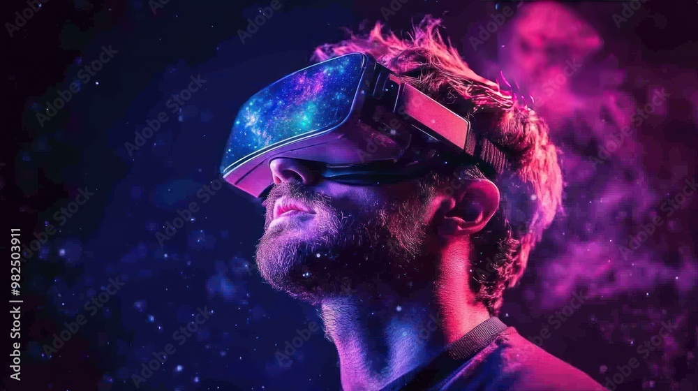 A man wearing VR headset, experiencing immersive virtual reality.