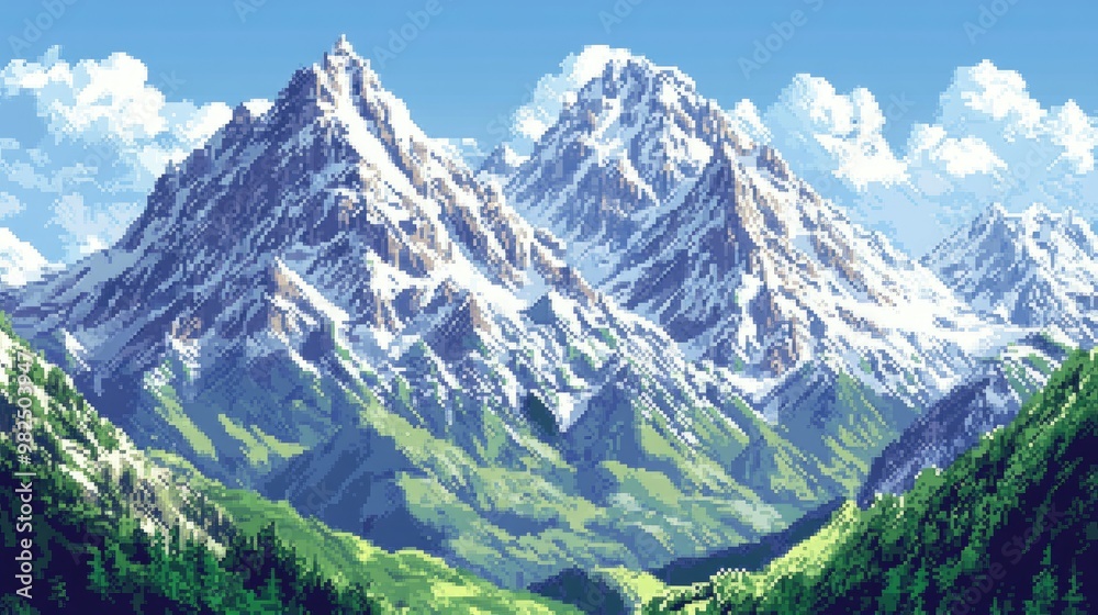 Pixel art mountain scene with lush green valleys and snowy peaks, a seamless background for retro-style gaming adventures. Pixel art mountain scene with lush green valleys and snowy peaks, a seamless background for retro-style gaming adventures.