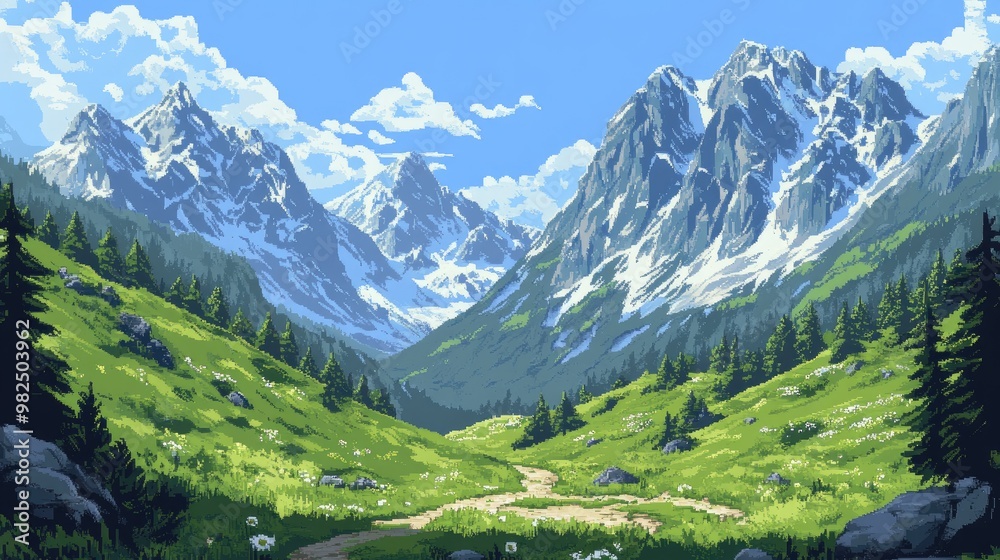 Pixel art mountain scene with lush green valleys and snowy peaks, a seamless background for retro-style gaming adventures. Pixel art mountain scene with lush green valleys and snowy peaks, a seamless background for retro-style gaming adventures.