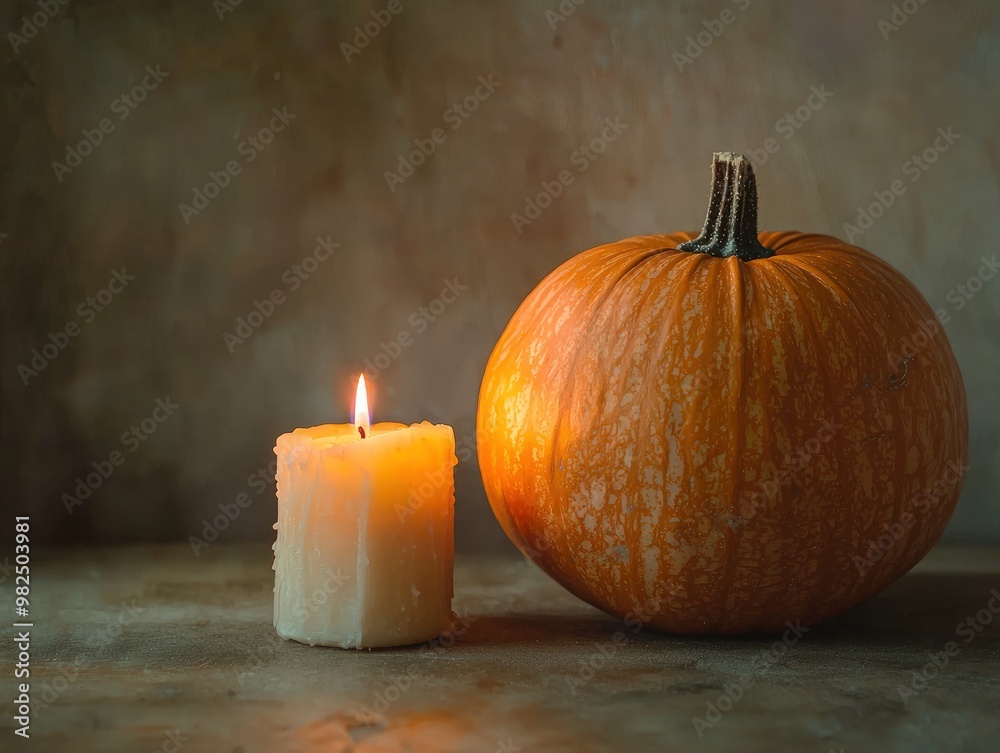 A glowing candle beside a vibrant pumpkin creates a warm, cozy autumn ambiance, perfect for seasonal celebrations and festive decorations. A glowing candle beside a vibrant pumpkin creates a warm, cozy autumn ambiance, perfect for seasonal celebrations and festive decorations.
