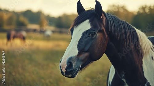 A close-up of a pinto horse face, with its striking black and white coat patterns, standing gracefully in a rural pasture. photo