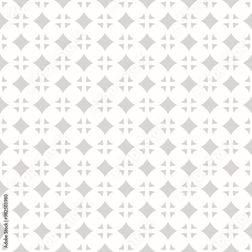 Vector geometric seamless pattern in oriental style. Subtle light gray and white ornament. Abstract background with floral silhouettes, diamonds. Simple elegant repeating geo design for decor, fabric