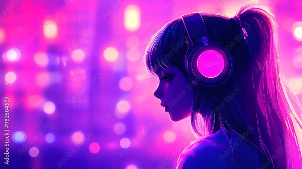 Anime Girl with Headphones in Neon Backdrop Enjoying Gaming Experience Anime Girl with Headphones in Neon Backdrop Enjoying Gaming Experience
