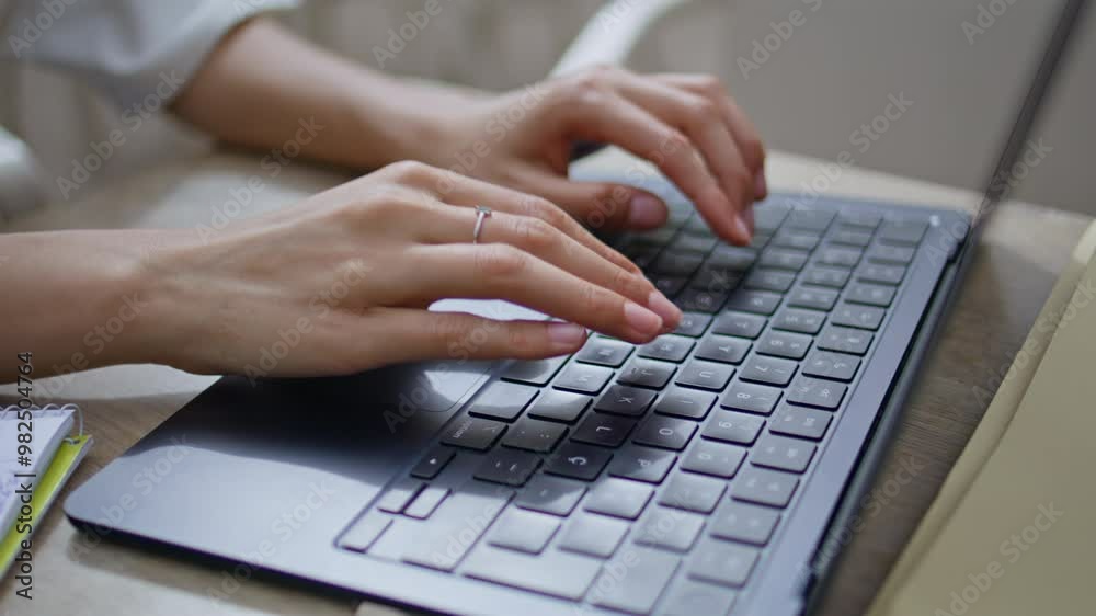 Girl fingers pressing keyboard laptop keys at desk closeup. Woman hands working Girl fingers pressing keyboard laptop keys at desk closeup. Woman hands working