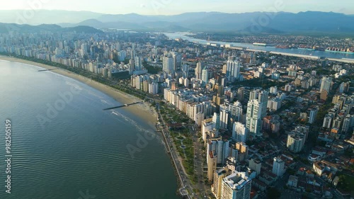 Aerial view over Santos City, calm, sunny day in Brazil
